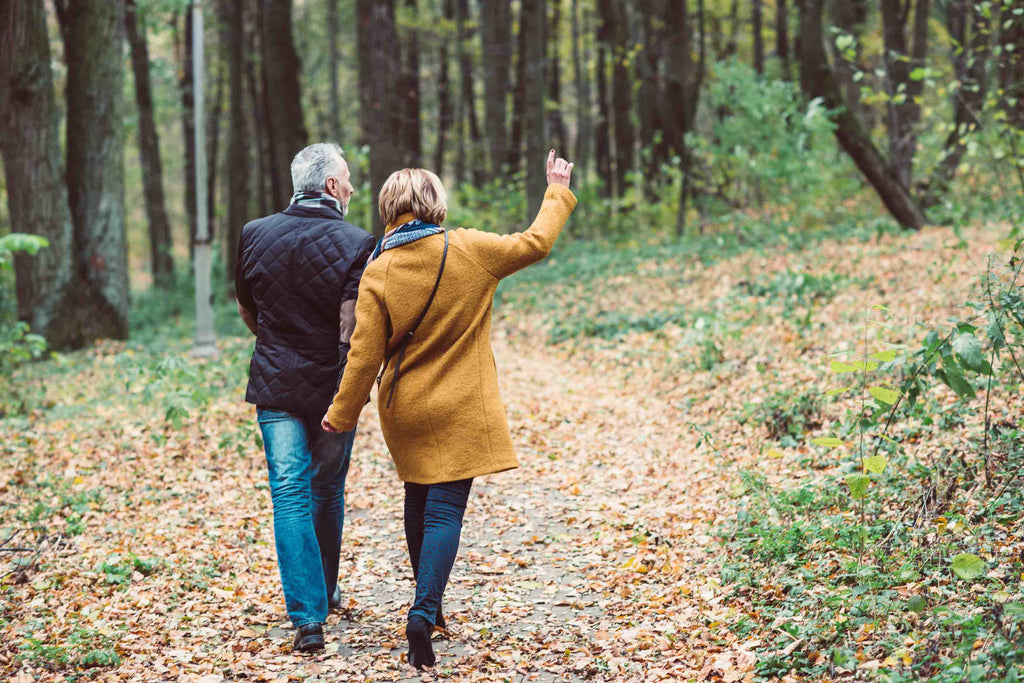 older couple walking in a forest